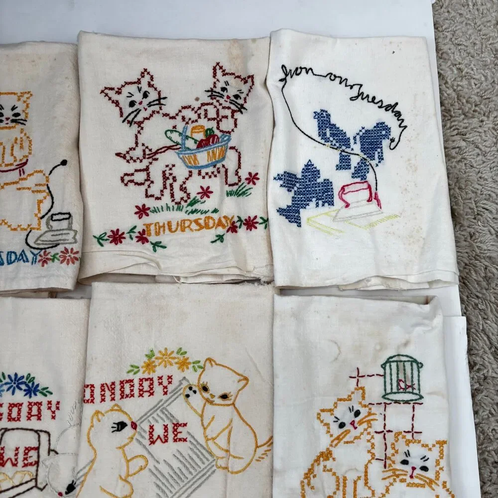 Vintage CUTTER Weekday Flour Sack Dish Towel Embroidered Kitten Bluebird Cottage